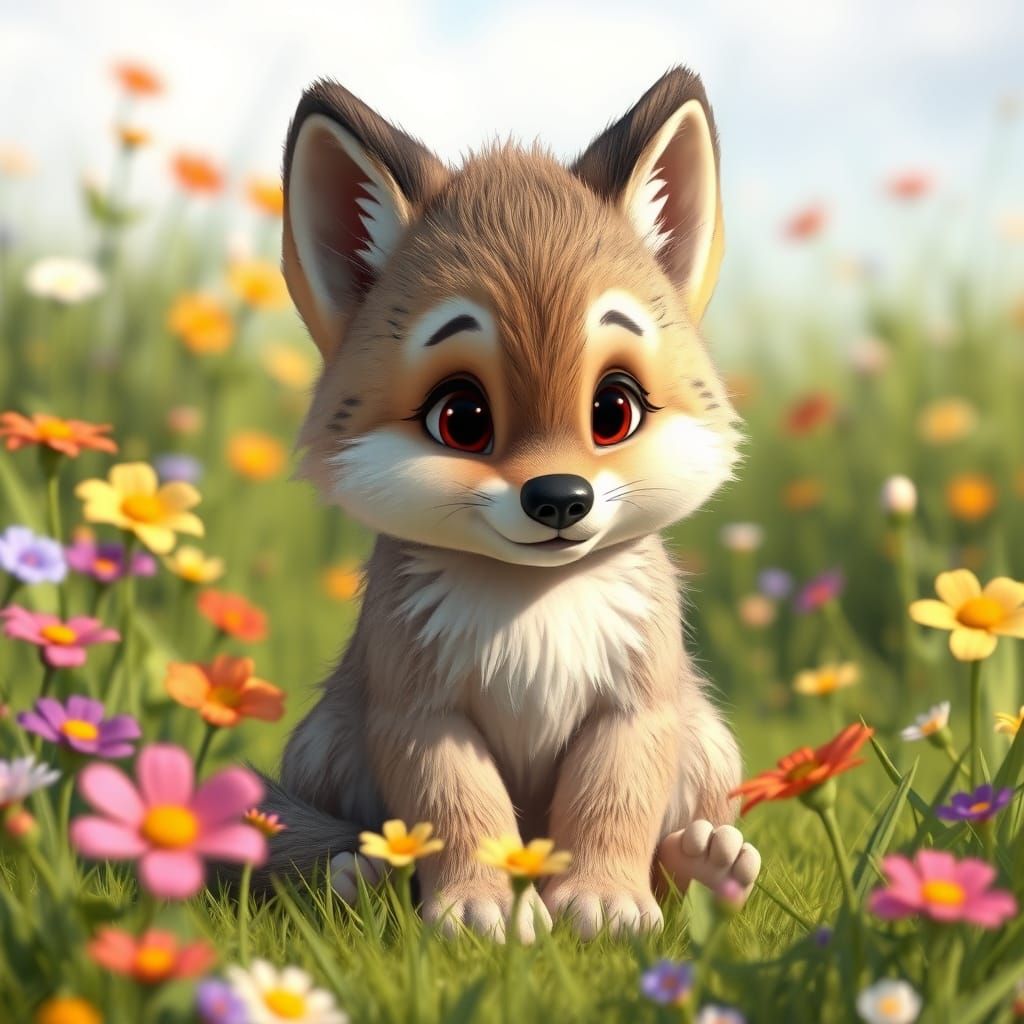 Disney-Inspired Wolf Cub in a Vibrant Meadow