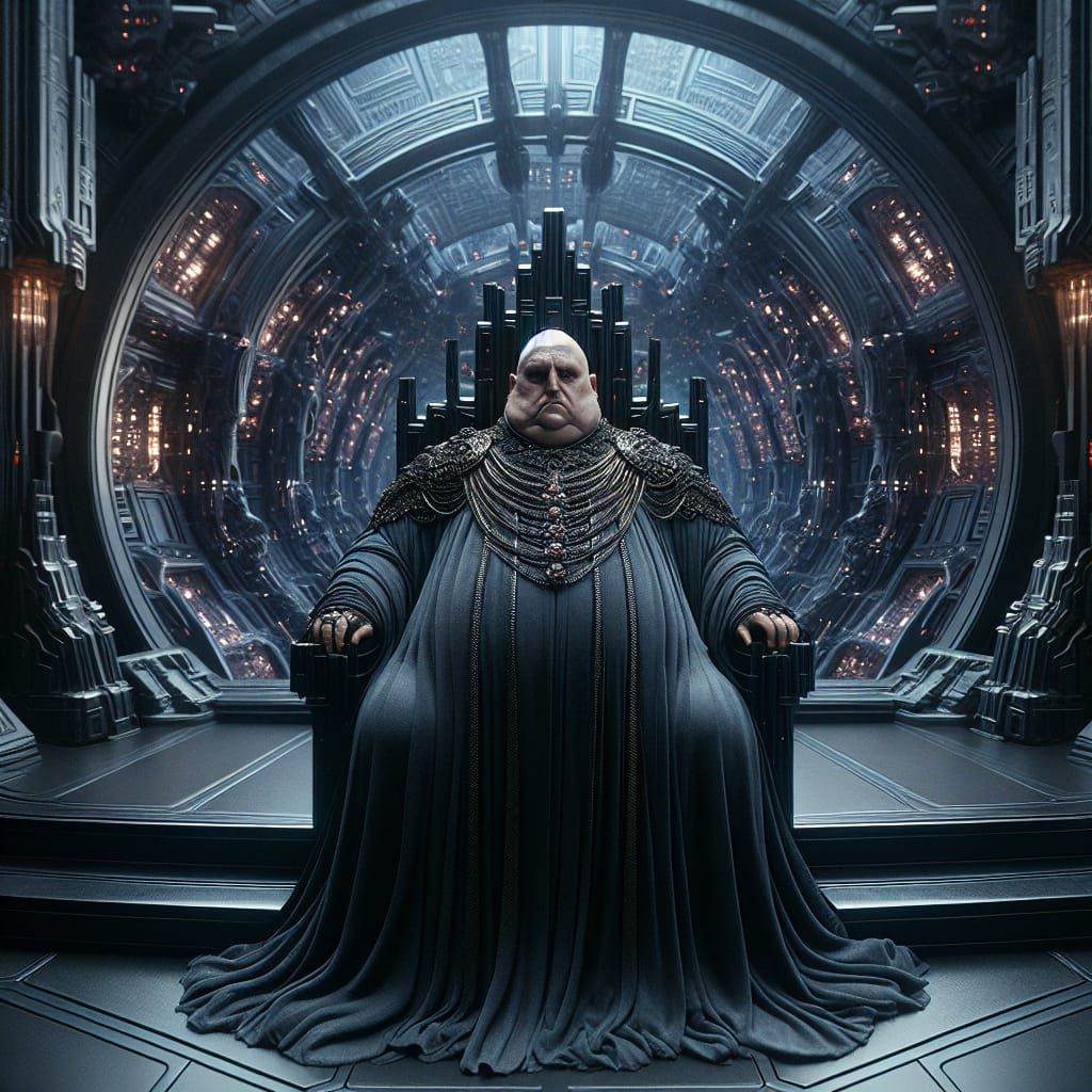 Imposing Bald Man on Throne in Sci-Fi Matte Painting