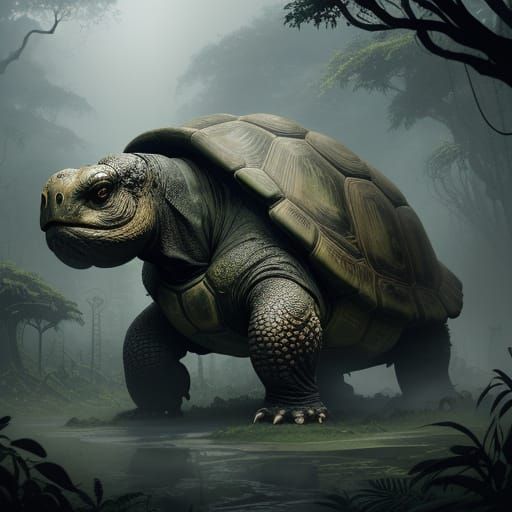 Colossal Tortoise City in Mist: Surreal Art