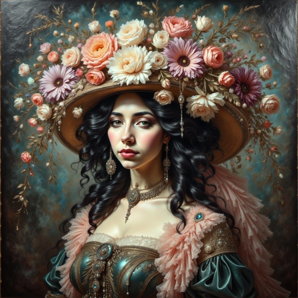 Renaissance Floral Elegance in a Hazy, Smoky Oil Painting