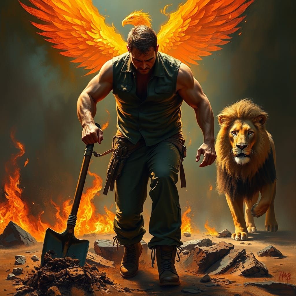 Lion Tamer Digging Hole in Impressionist Oil Painting