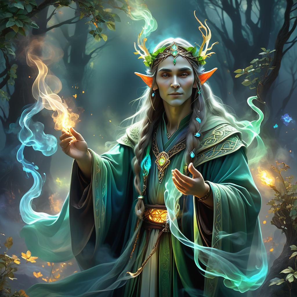 Elven Druid Priest with Ethereal Aura in Dark Fantasy
