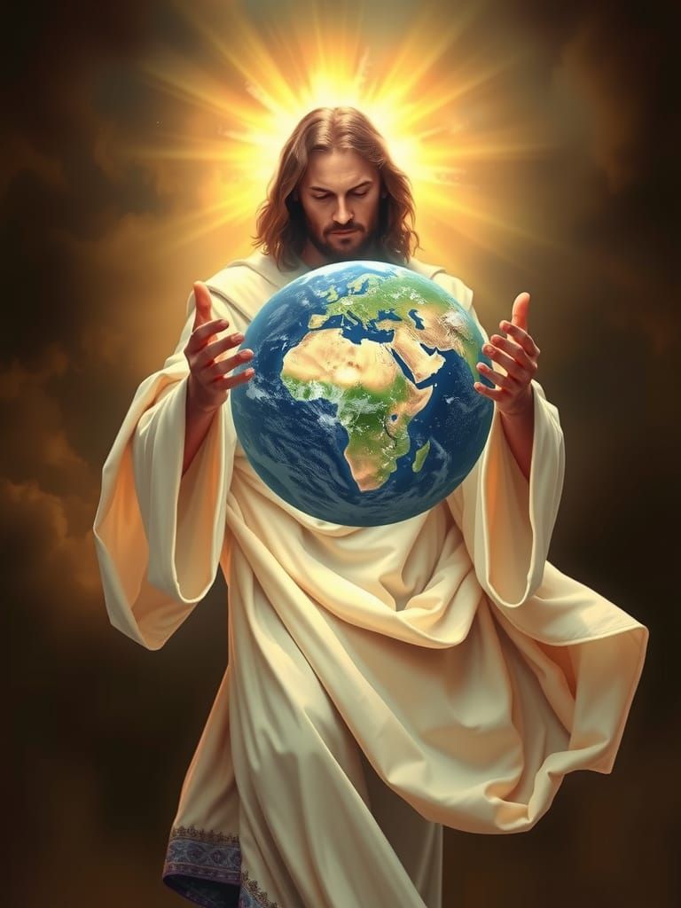Jesus Christ Cradling Earth in Romantic Realism