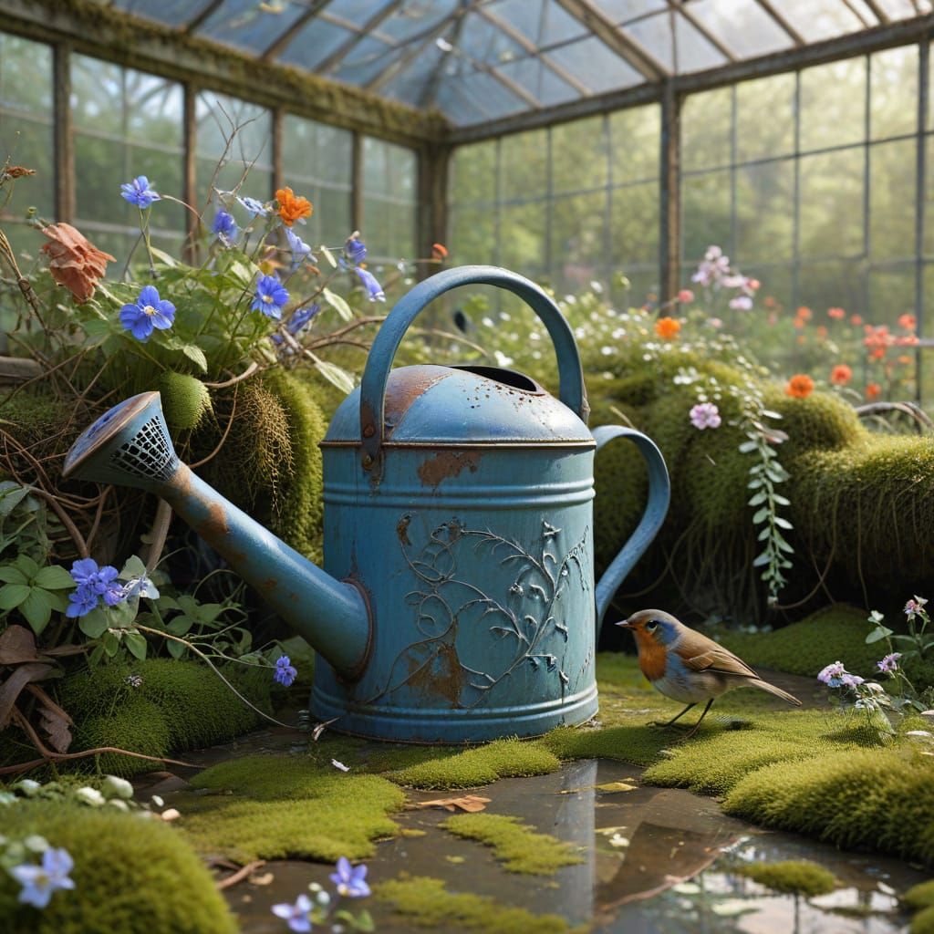 Weathered Watering Can and Robin in Overgrown Greenhouse