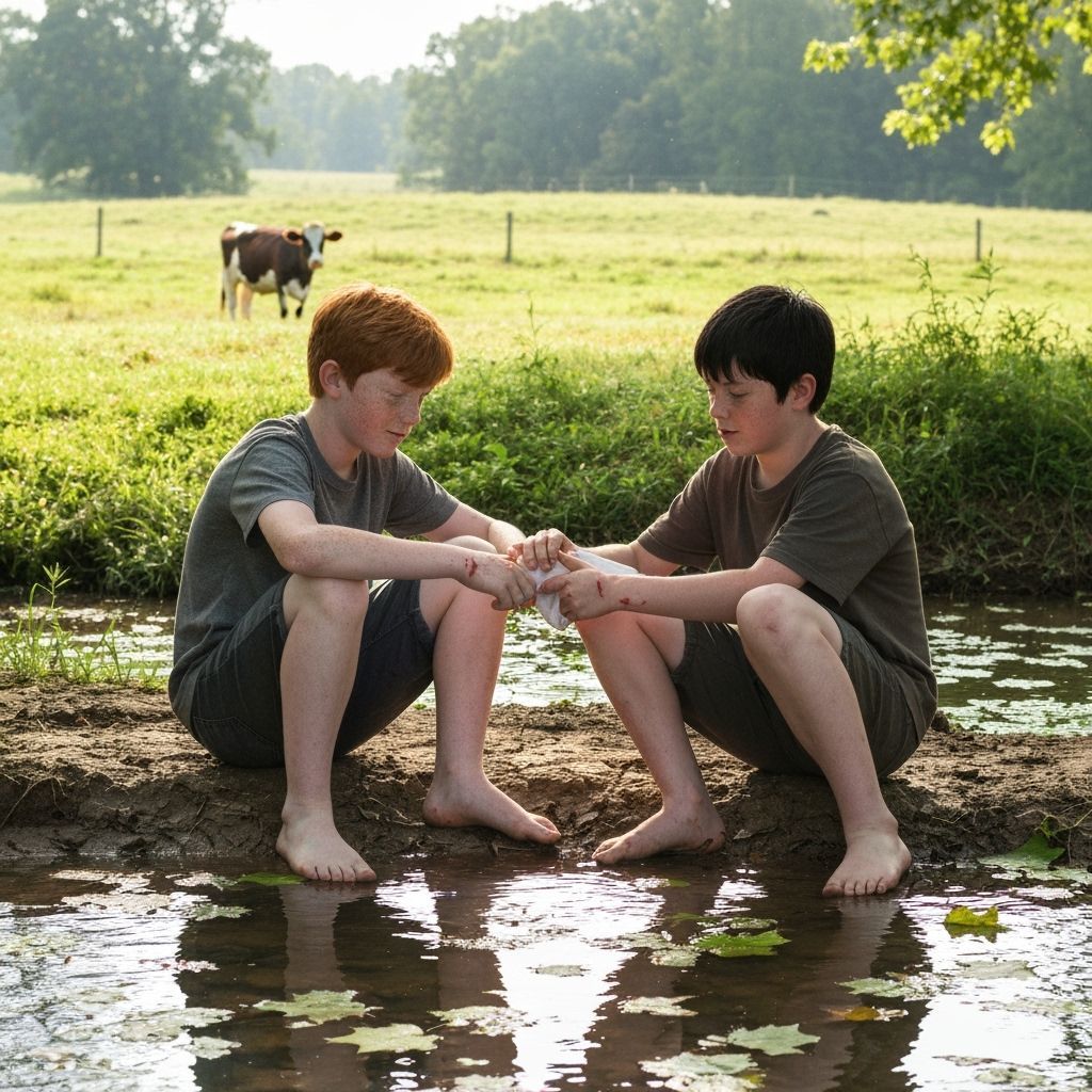 Boys Help Each Other by Creek in Rural Tennessee
