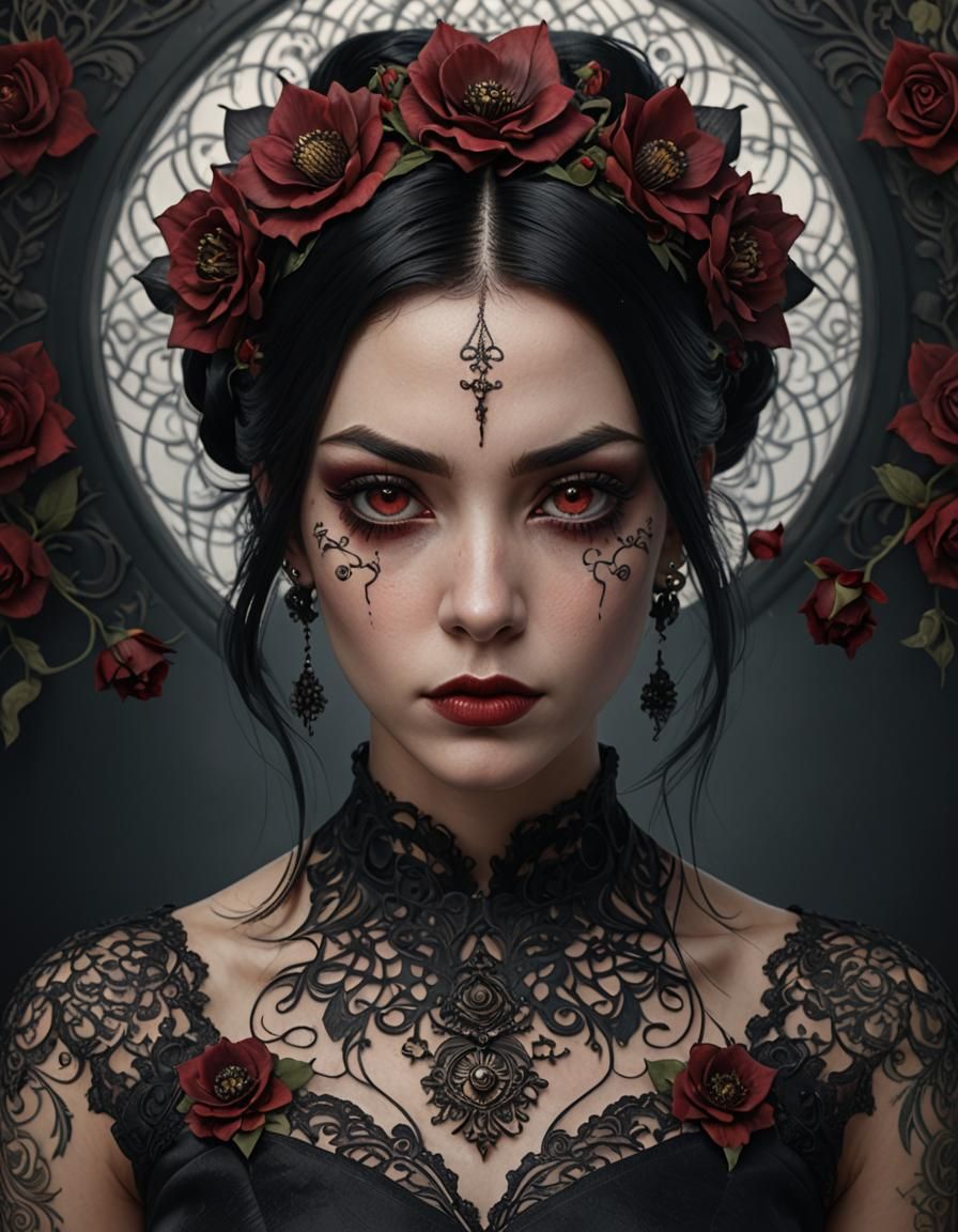 Gothic Woman Portrait with Dark Flowers, Detailed 3D Render