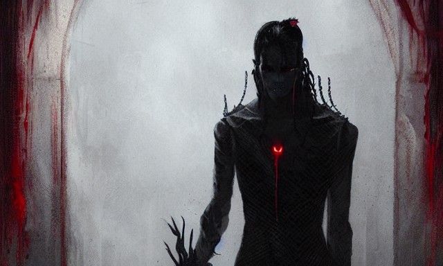 Sinister Vampire with Braids in Shadow, Gothic Art