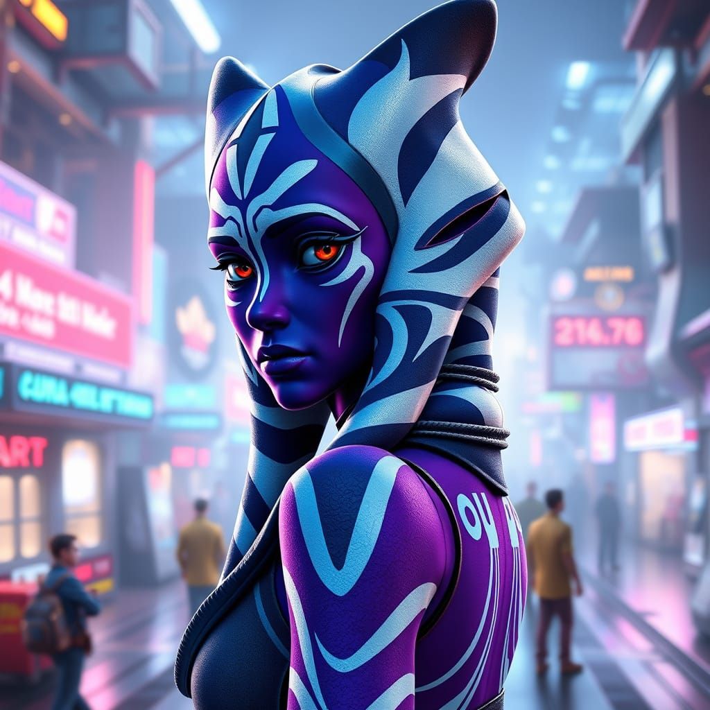 Realistic Female Twi'lek in Cyberpunk Spaceport Scene