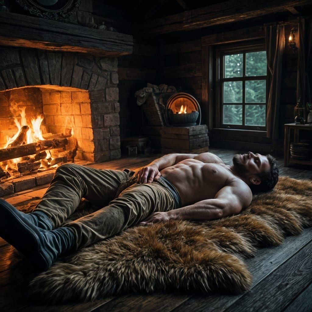 Muscular Man on Bearskin Rug by Fireplace