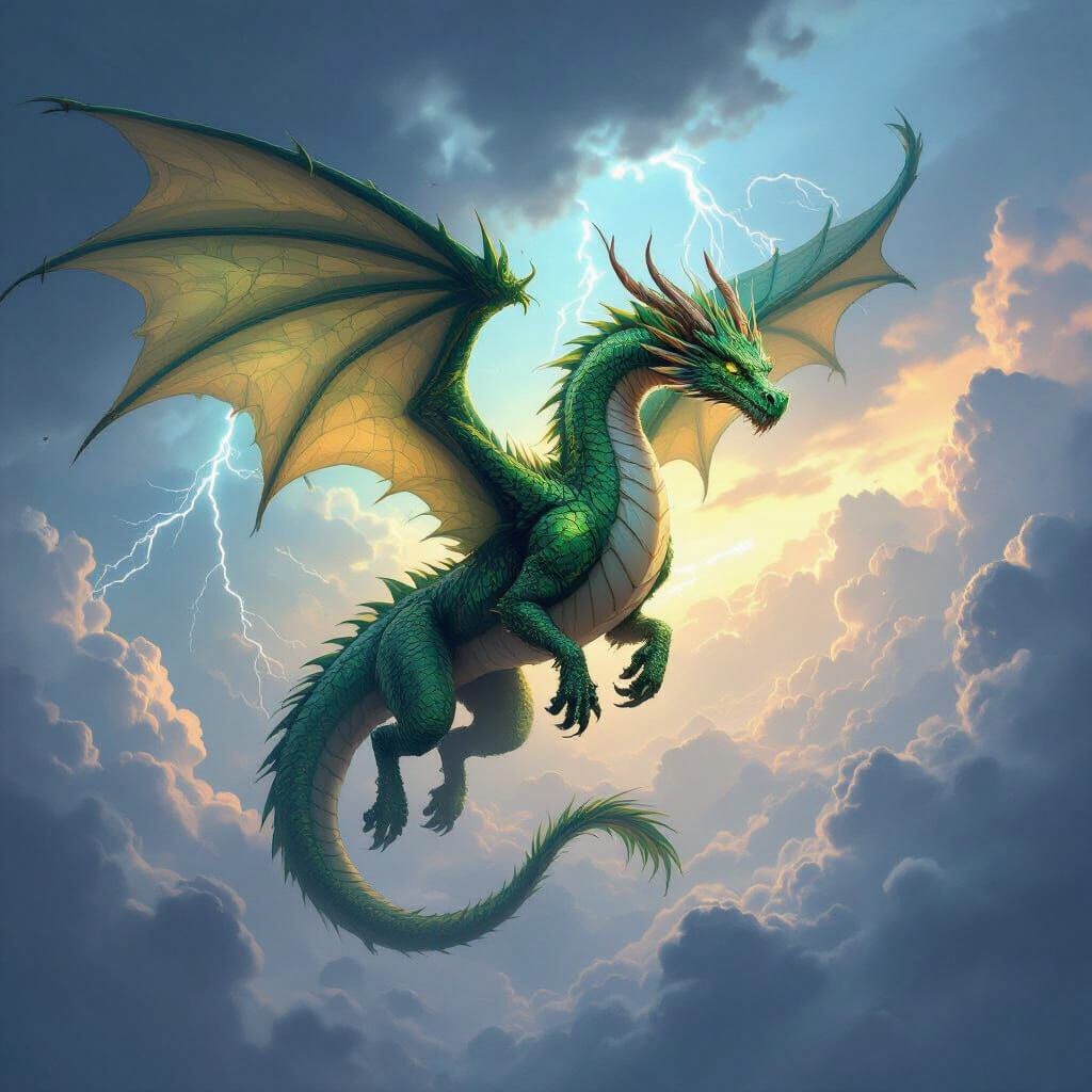 Emerald Dragon Soars Through Stormy, Lightning-Lit Sky