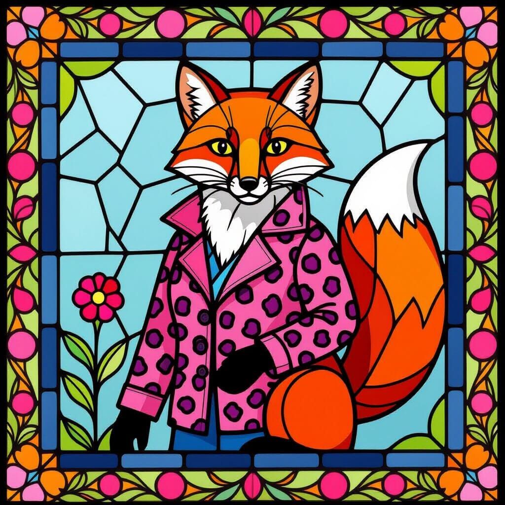 Stained Glass Fox in Pink Leopard Jacket