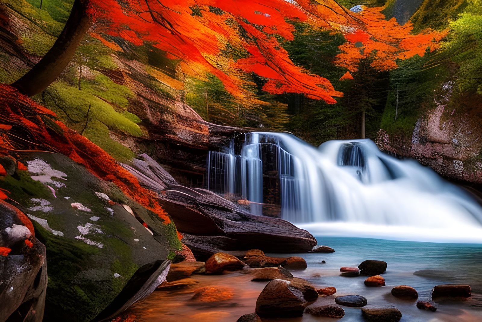 Waterfall in Rocky Landscape: Baroque Art Style