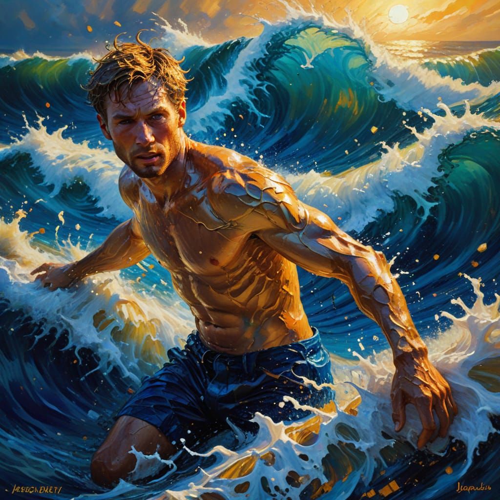 Chaotic Figure in Impressionist Ocean Oil Painting