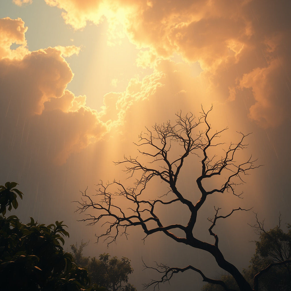 Mystical Realm: Sunlight Through Rain in Surreal Landscape