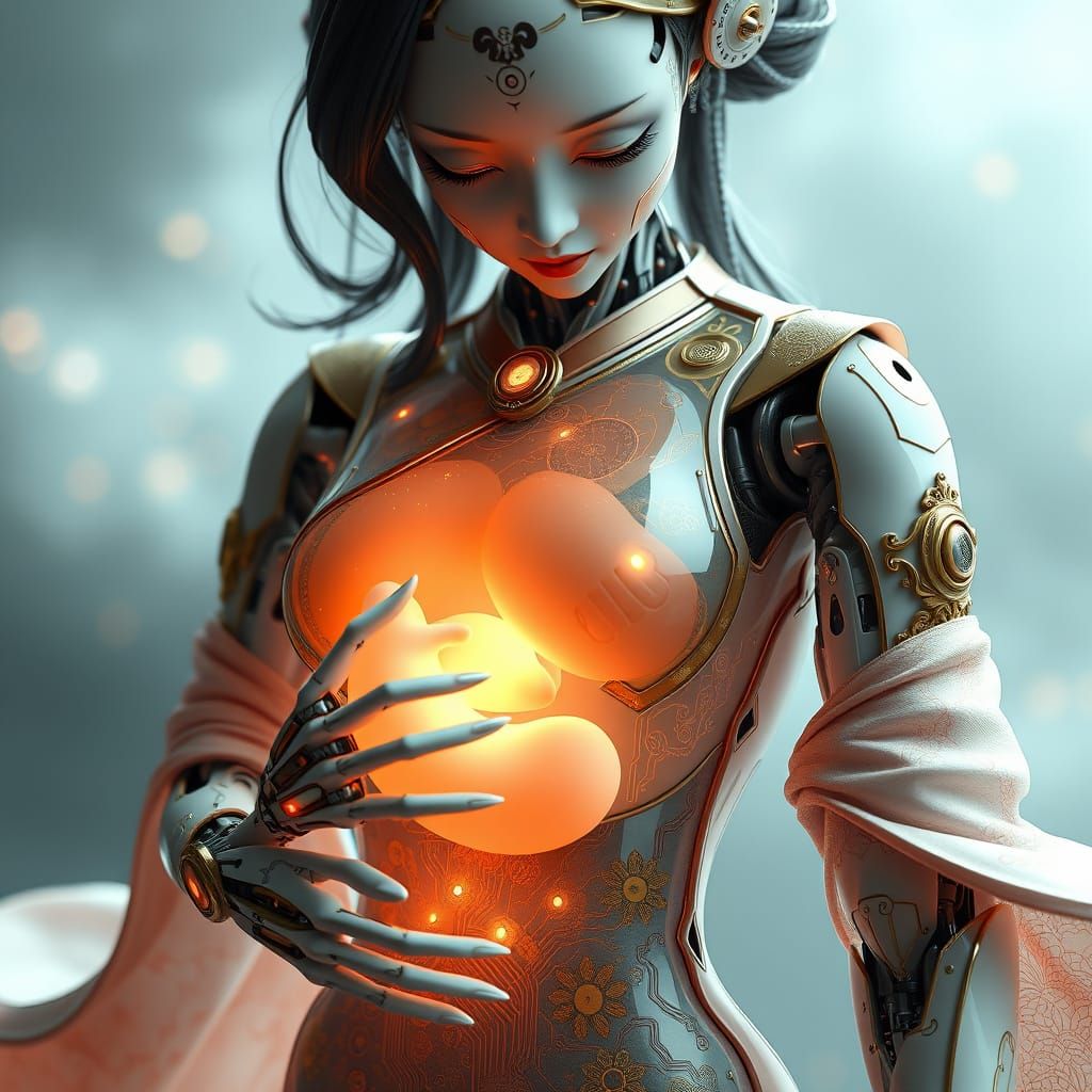 Serene Robot Mother in Ancient-Futuristic Harmony