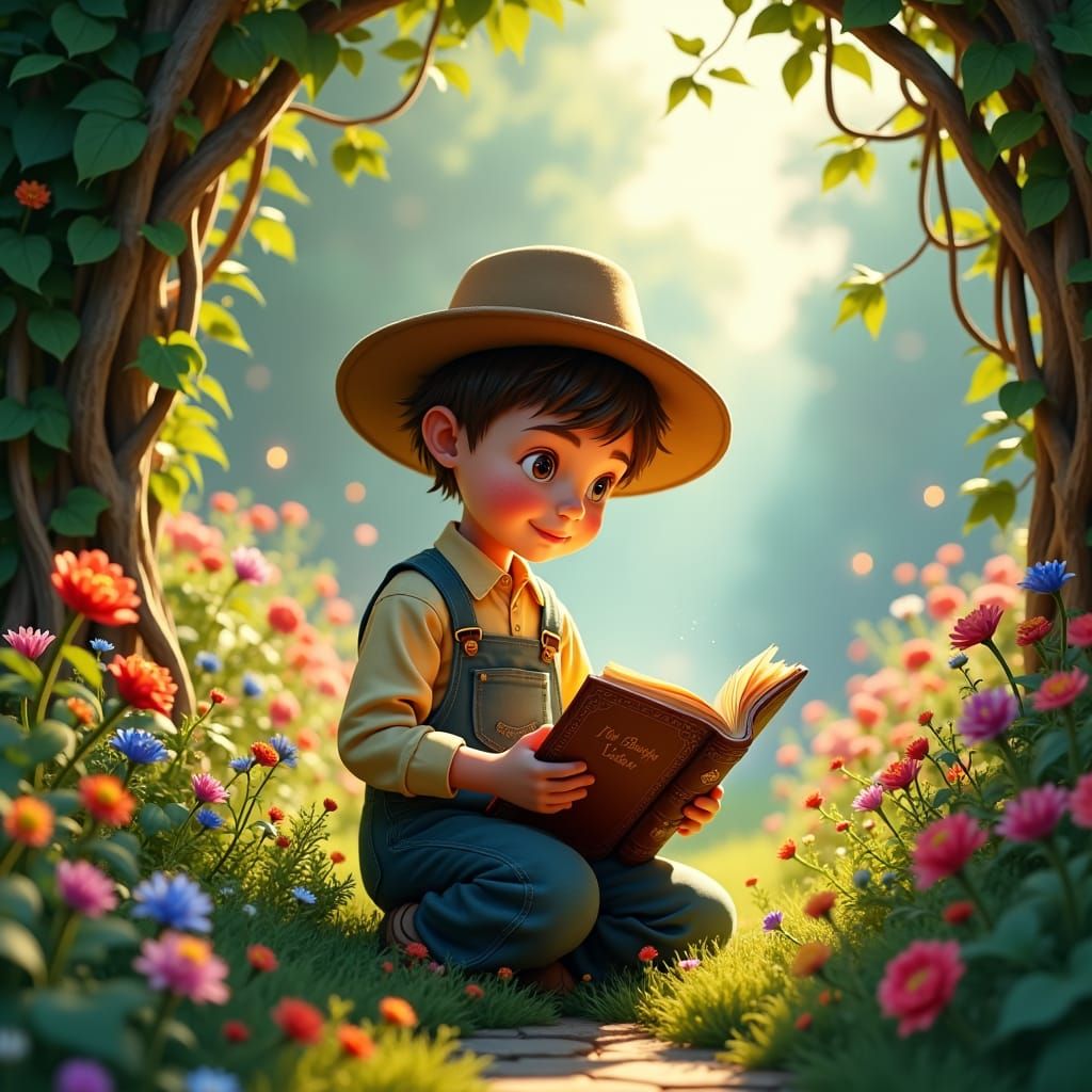 Boy Reads Magic Book in Lush Garden