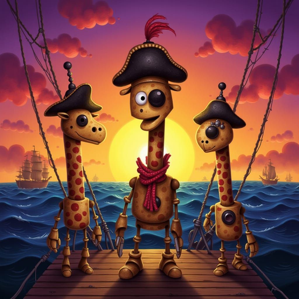 Giraffe Pirates on Galleon Deck at Sunset