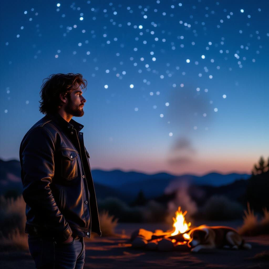 Pensive Man Gazing at Starry Sky at Dusk