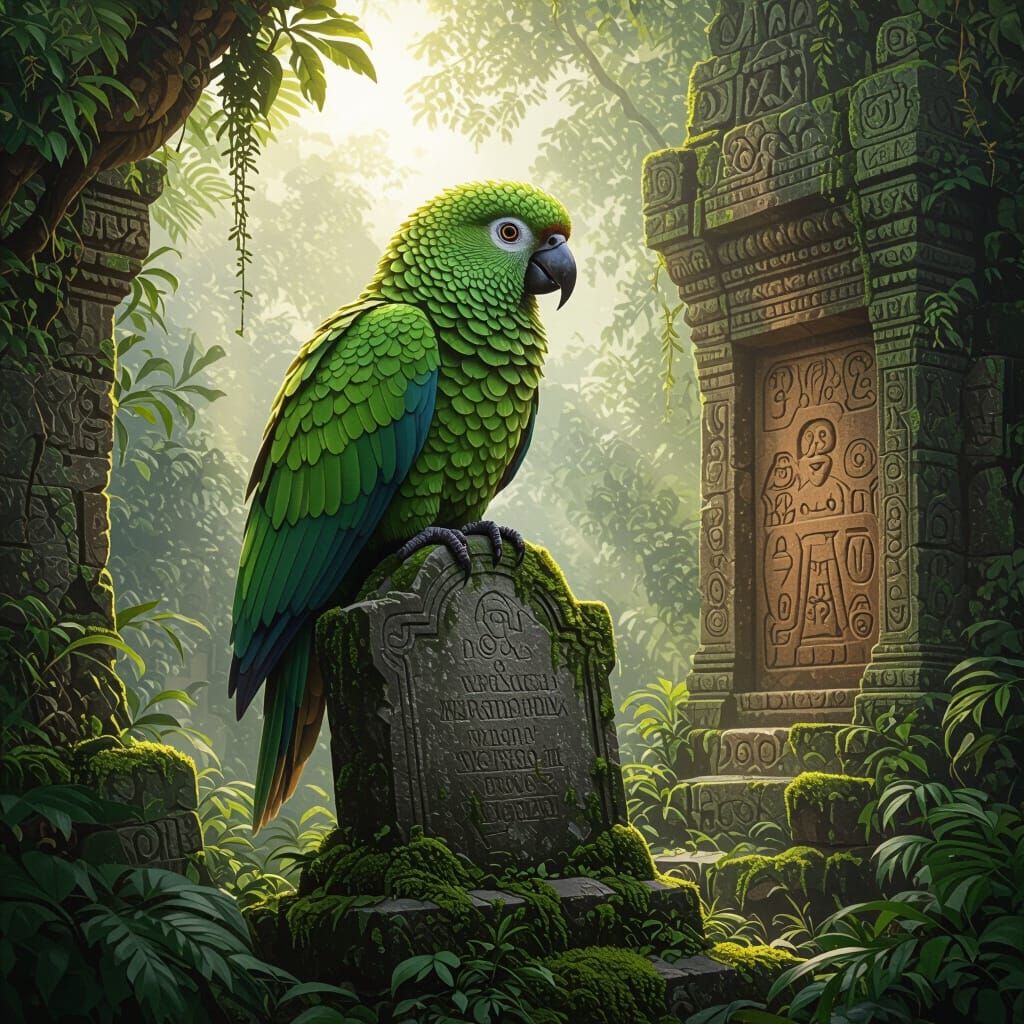 Colossal Mossy Kakapo on Gravestone in Jungle