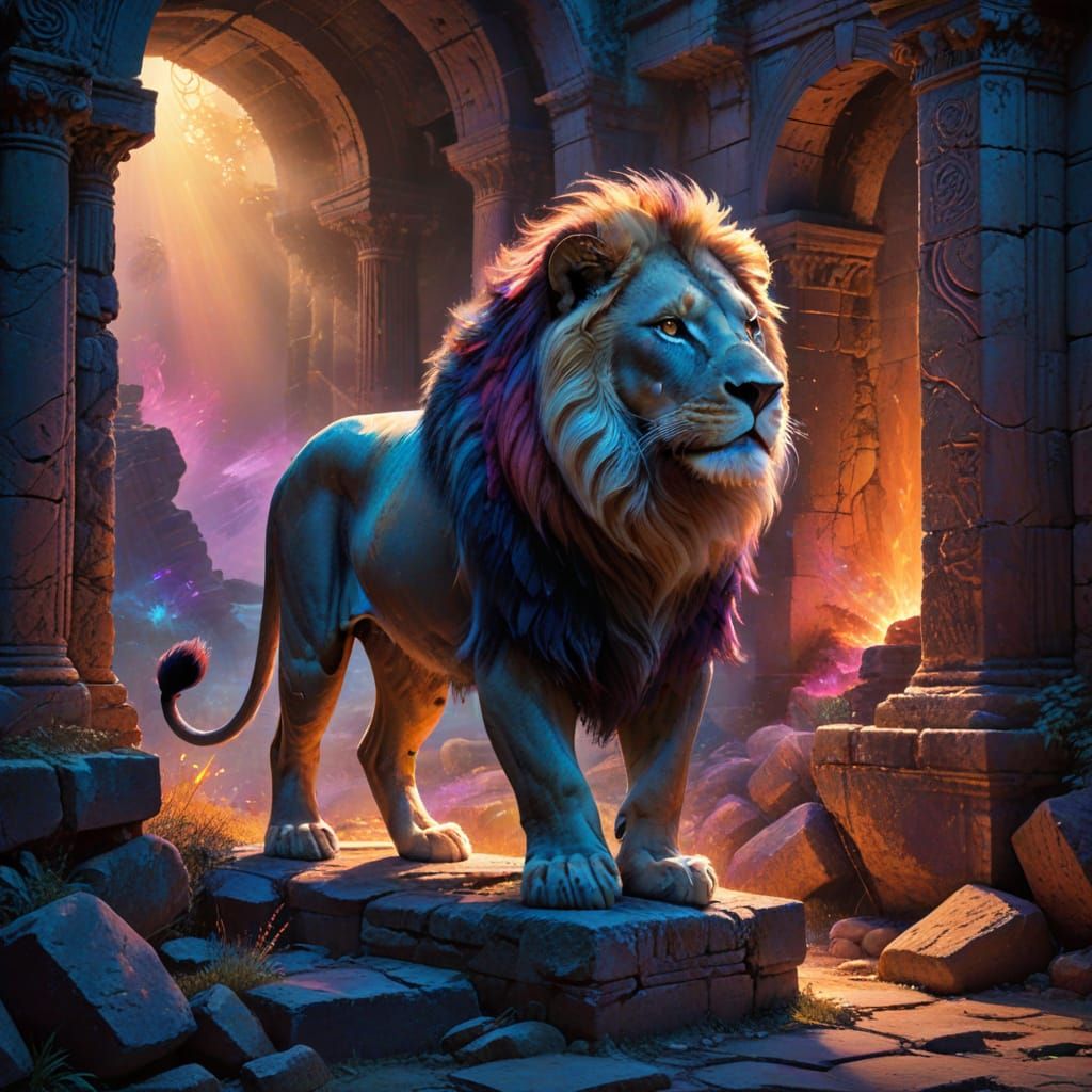 Majestic Lion Roams Ancient Ruins in Painterly Style