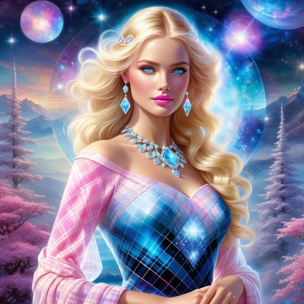 Magical Portrait of a Beautiful Woman in a Plaid Dress