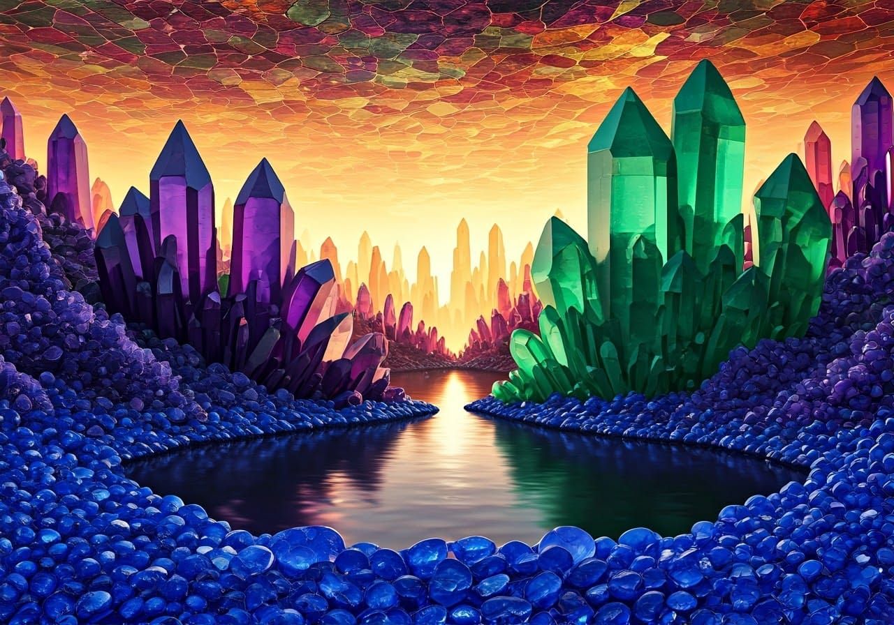 Sapphire Lake Amidst Amethyst Crystal Mountains