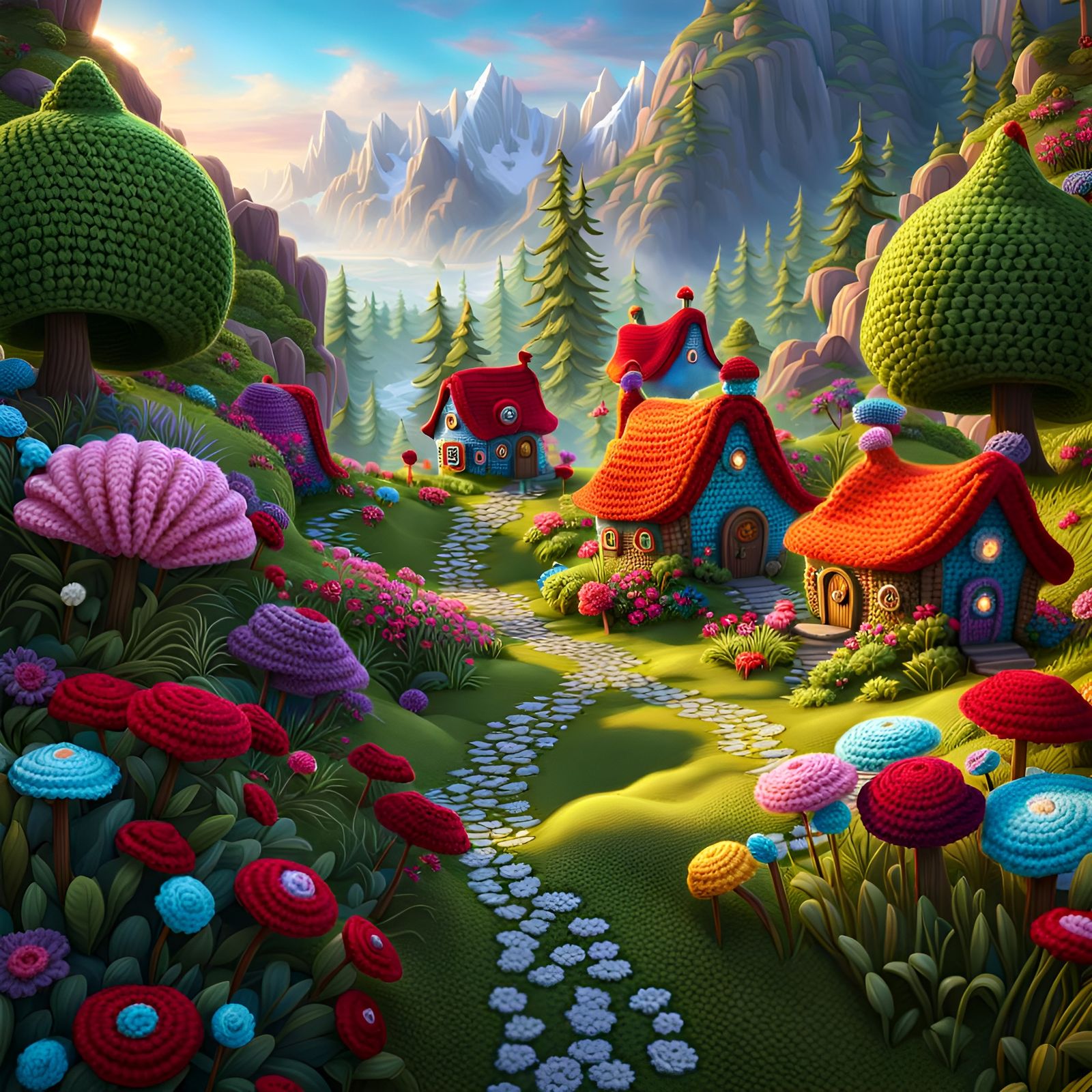 Cozy Crochet Village in Mountain Landscape