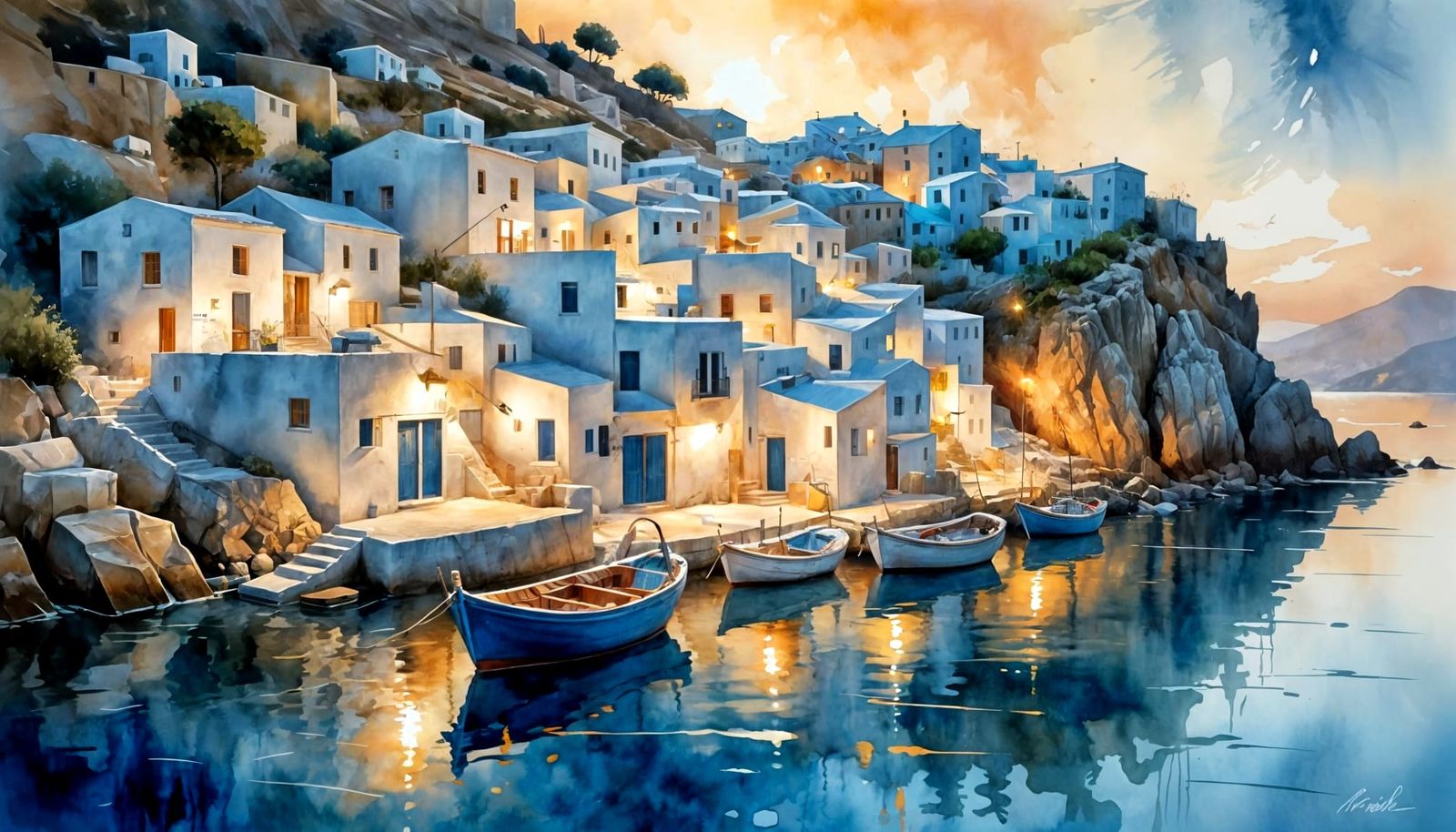 Cycladic Greek Village at Golden Hour, Painterly Style