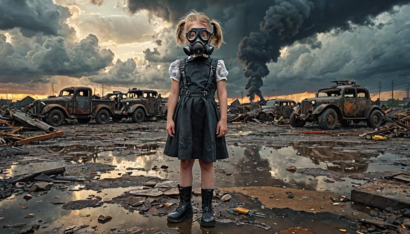 Dieselpunk Girl in Ruined Wasteland at Sunset