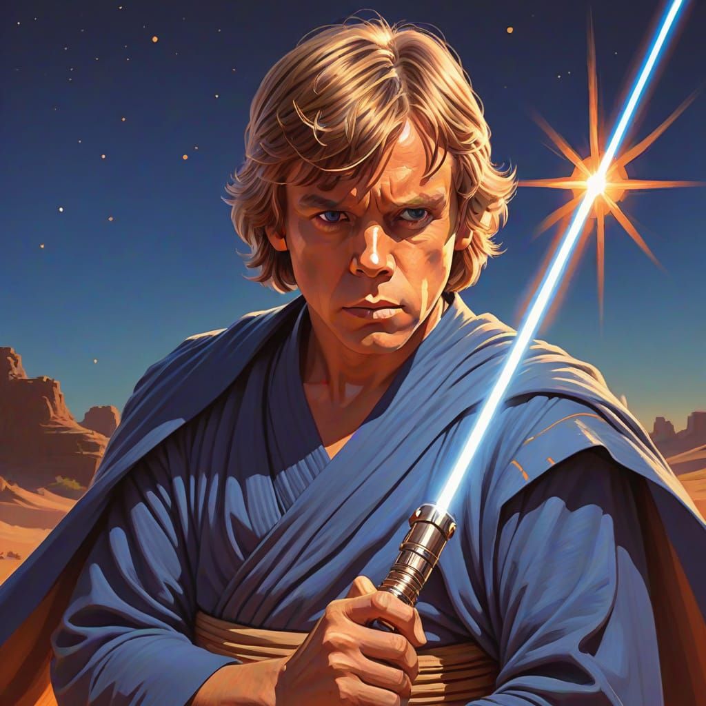 Luke Skywalker with Lightsaber in Desert Gouache Painting