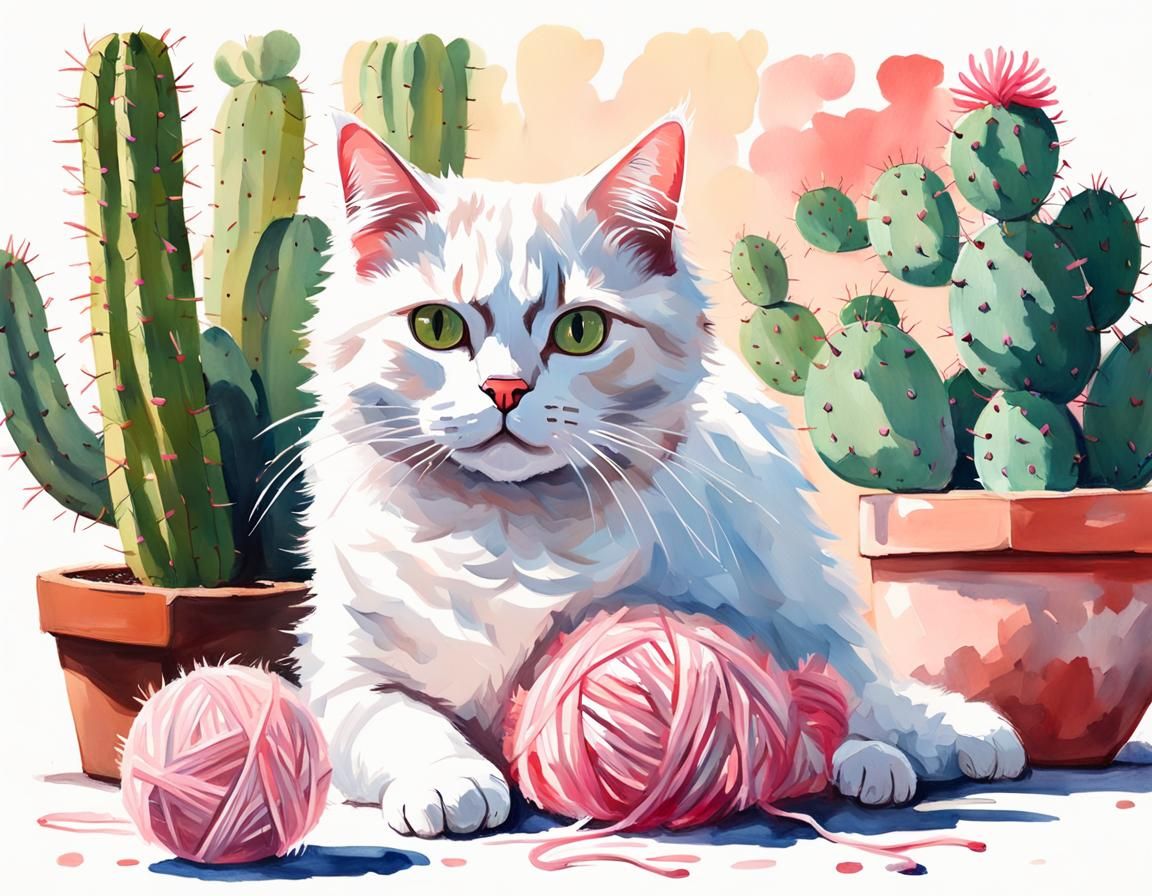 Whimsical Spotted Cat Plays with Fuzzy Ball near Vibrant Cac...