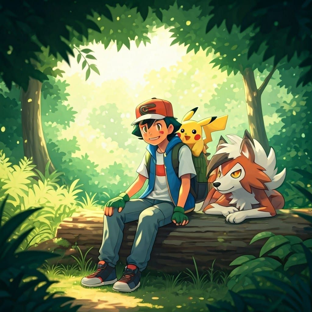 Ash Ketchum with Pikachu and Lycanroc in Forest