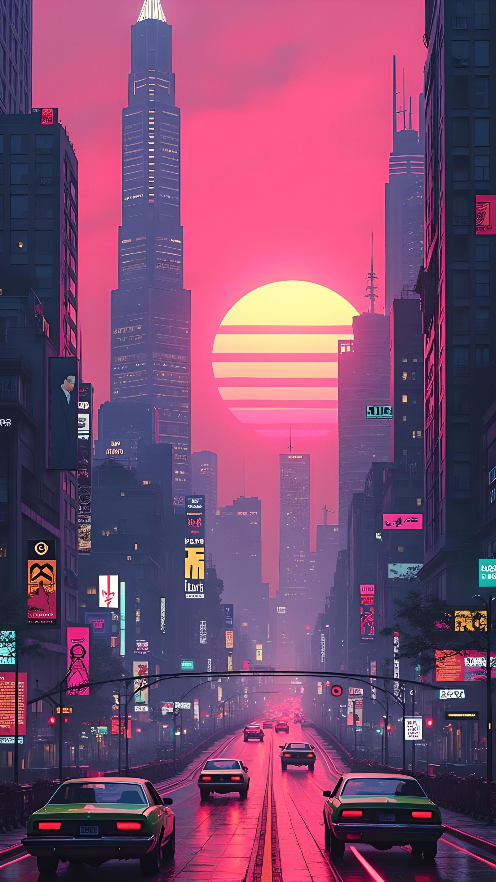 Vibrant Retro-Futuristic Cityscape with Neon Lights