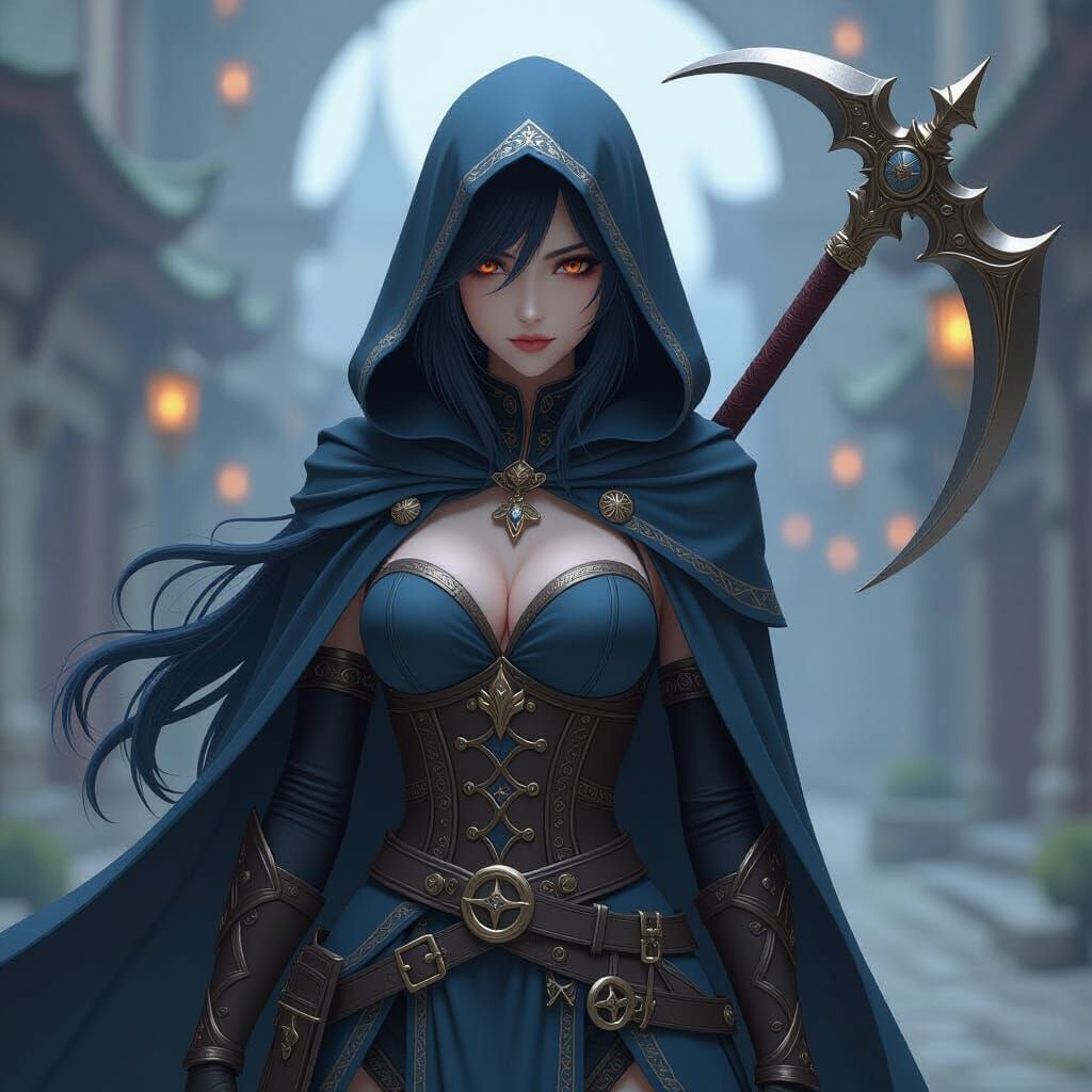 Dark Aristocrat Woman with Scythe in Medieval Fantasy Style