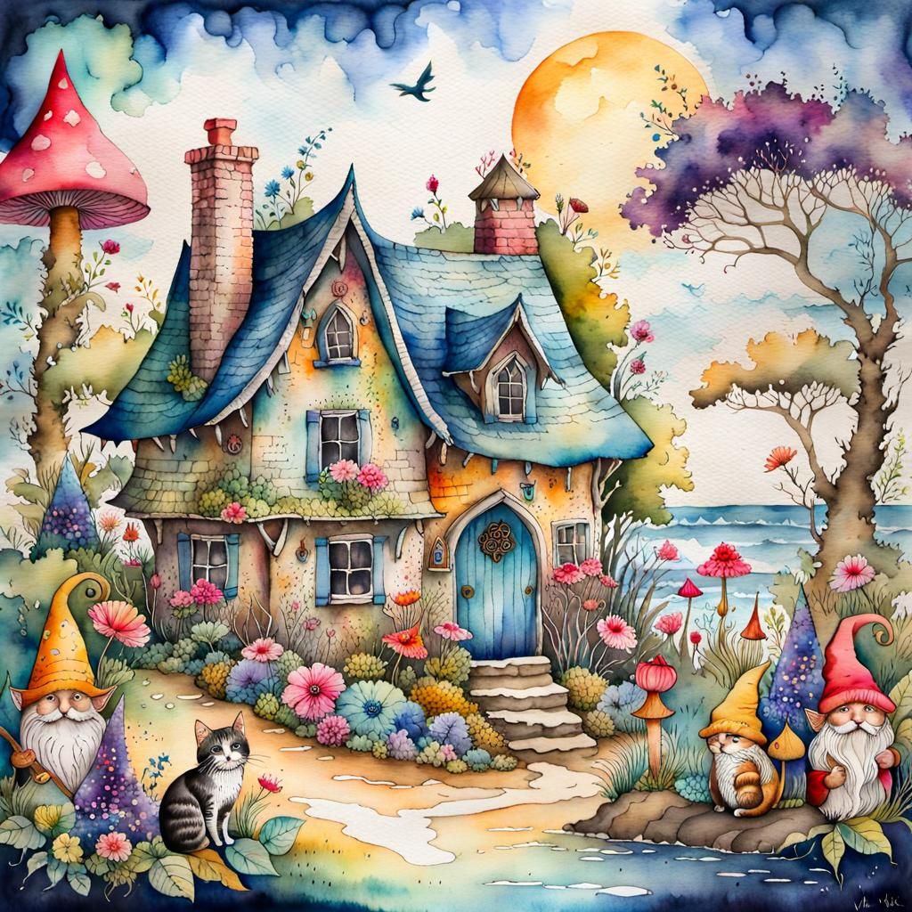 Whimsical Cottagecore Cottage by the Sea in Watercolor