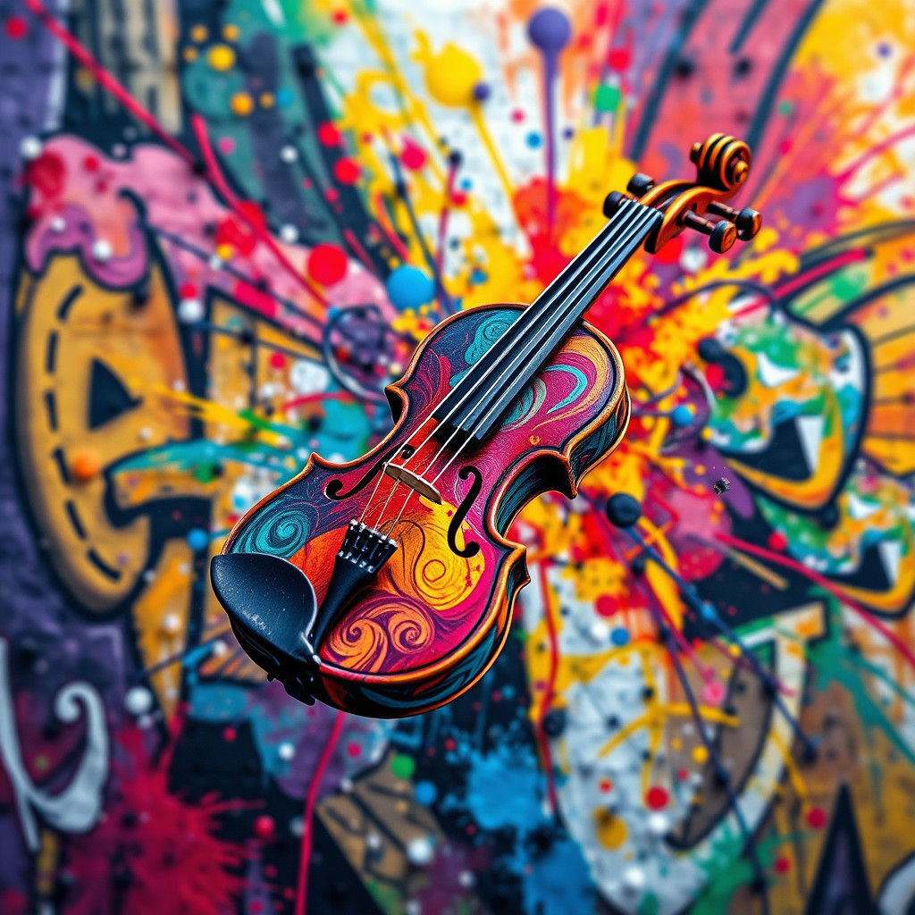 Floating Violin in Graffiti Explosion, Digital Art