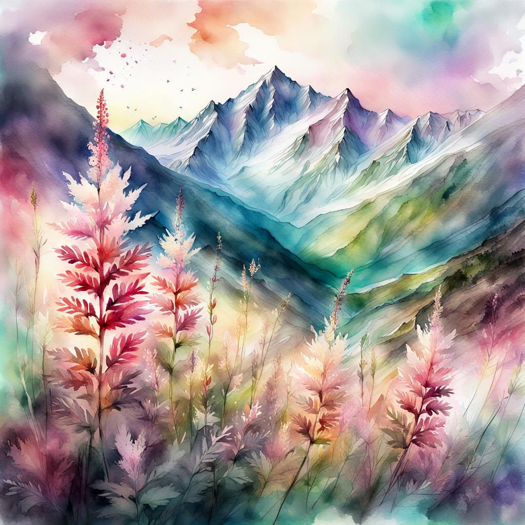 Watercolor Astilbe Flowers in Fantasy Landscape