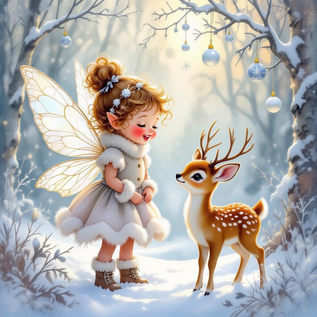 Joyful Winter Fairy Child with Baby Deer in Snowy Forest