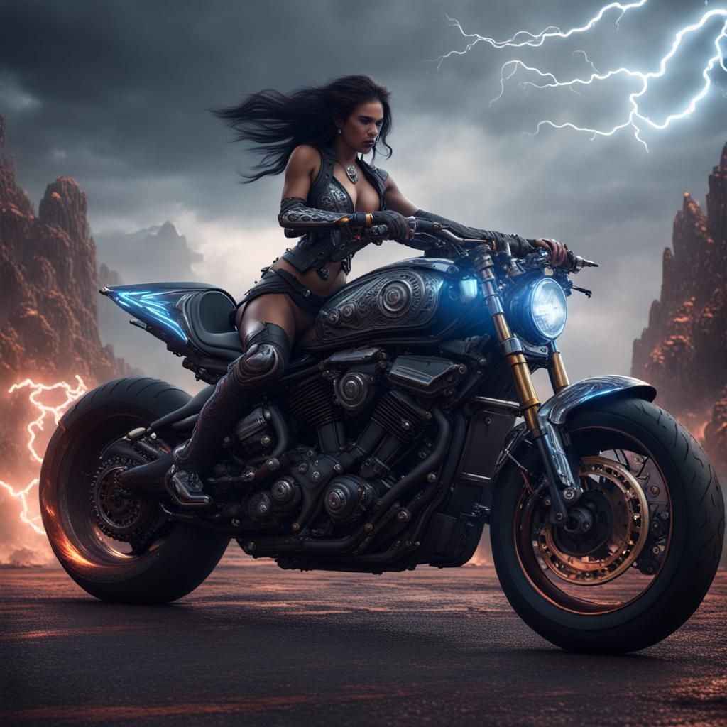 Dark Woman Rider on Demon Motorcycle in Detailed Painting