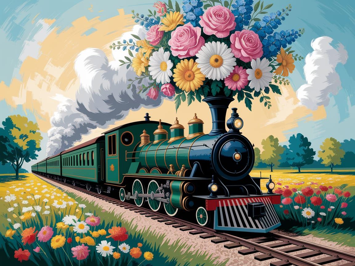 Vintage Green Train with Flowers in Impressionistic Style