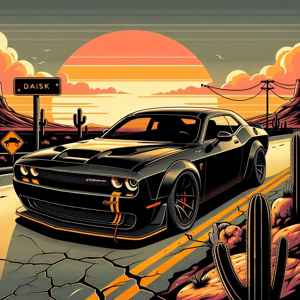 Black Dodge Challenger Hellcat: Manga Style Desert Highway