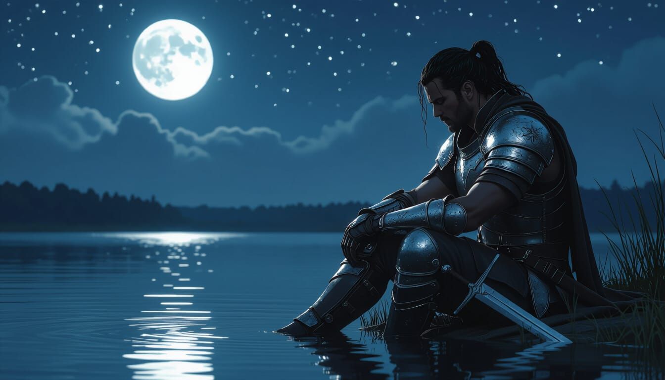Contemplative Warrior Under Moonlight, Mystical Landscape