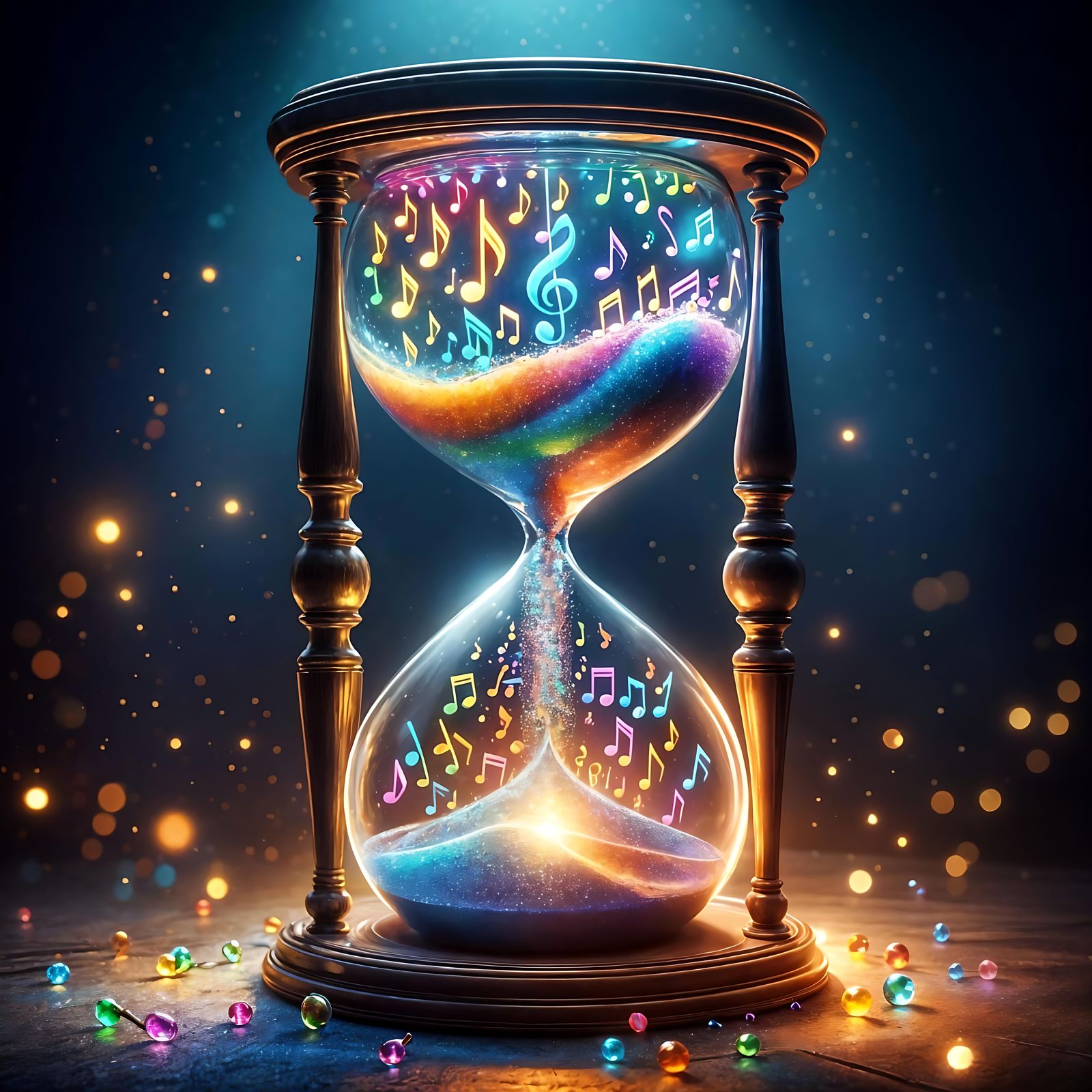 Musical Hourglass Filled with Flowing Music Notes