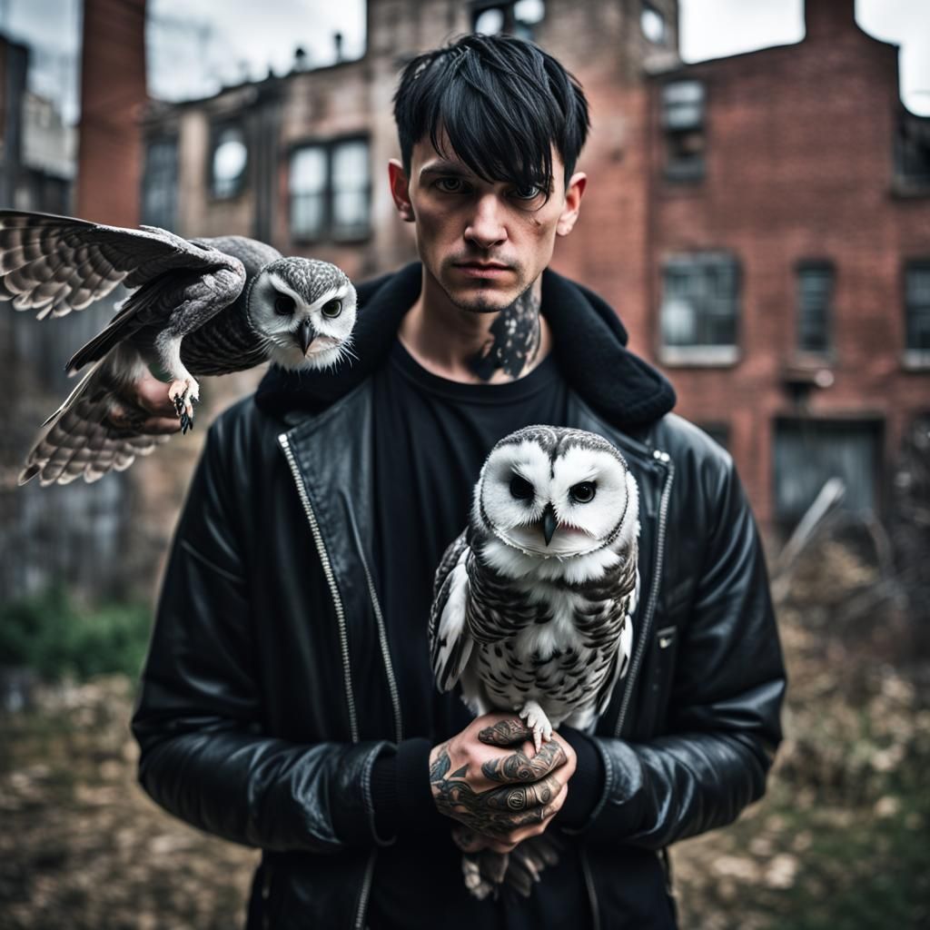 Goth Man with Owl in Demolition Factory