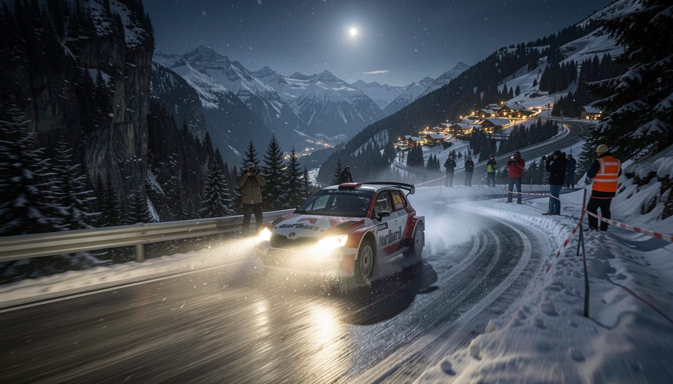 Winter Rally Car Drifting on Icy Mountain Road