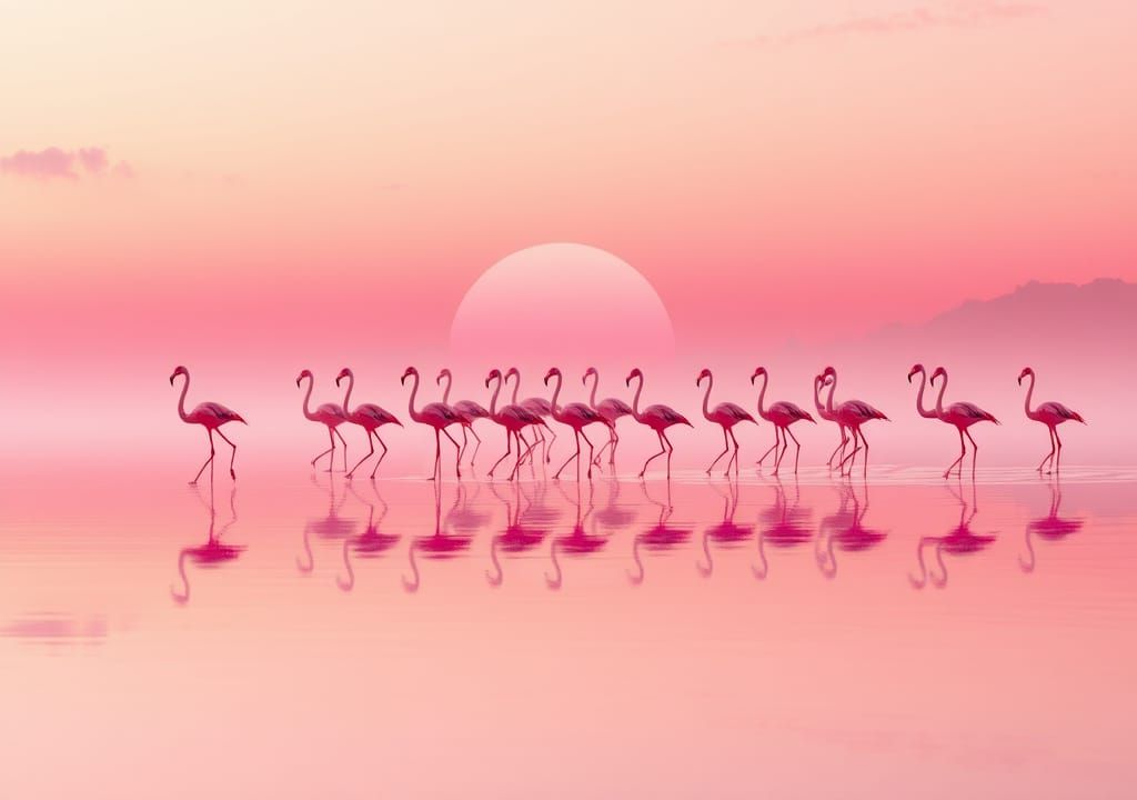 Flamingos in Pink Lake at Rosy Sunrise: Matte Painting
