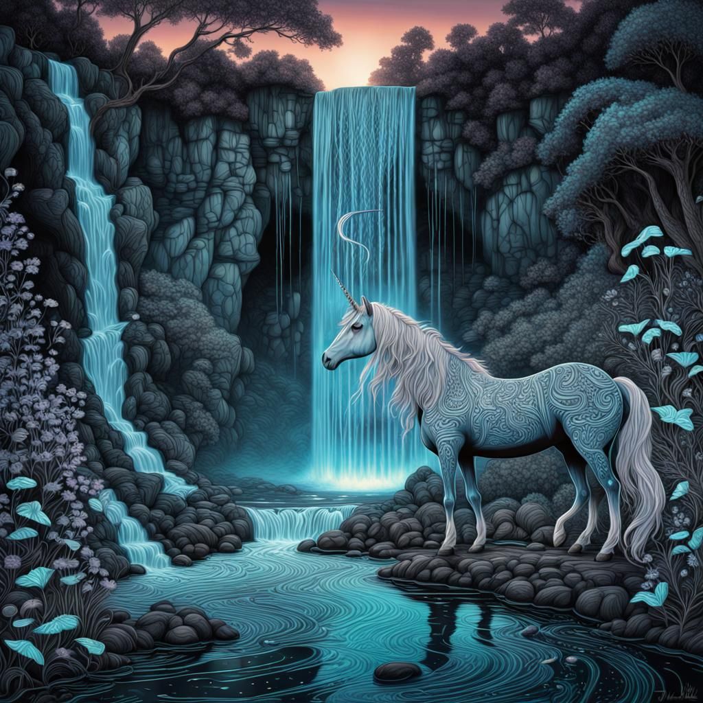 Unicorn Under Bioluminescent Zentangle Waterfall