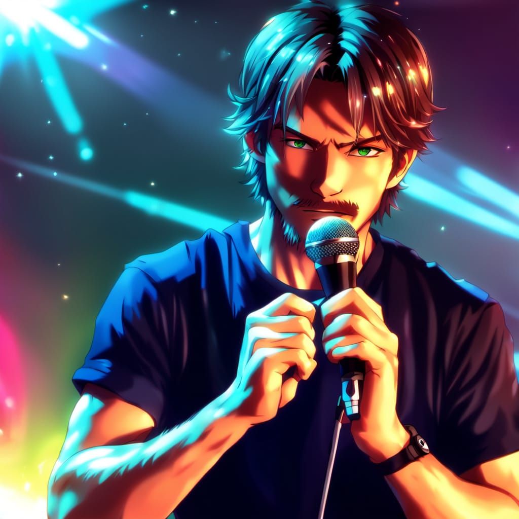 Anime Style Singer on Stage with Microphone
