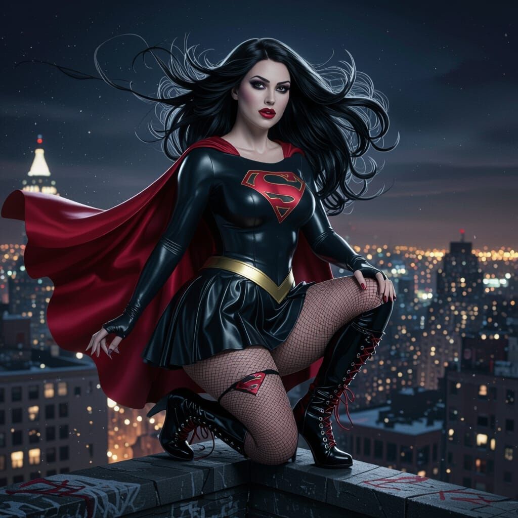 Goth Supergirl on Rooftop in Hyperrealistic Style