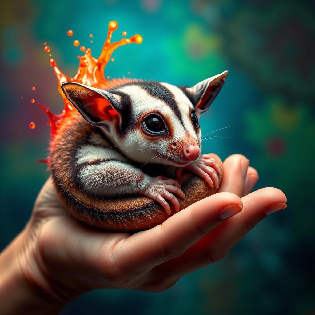 Sugar Glider in Palm: Hyperrealistic Splash Art
